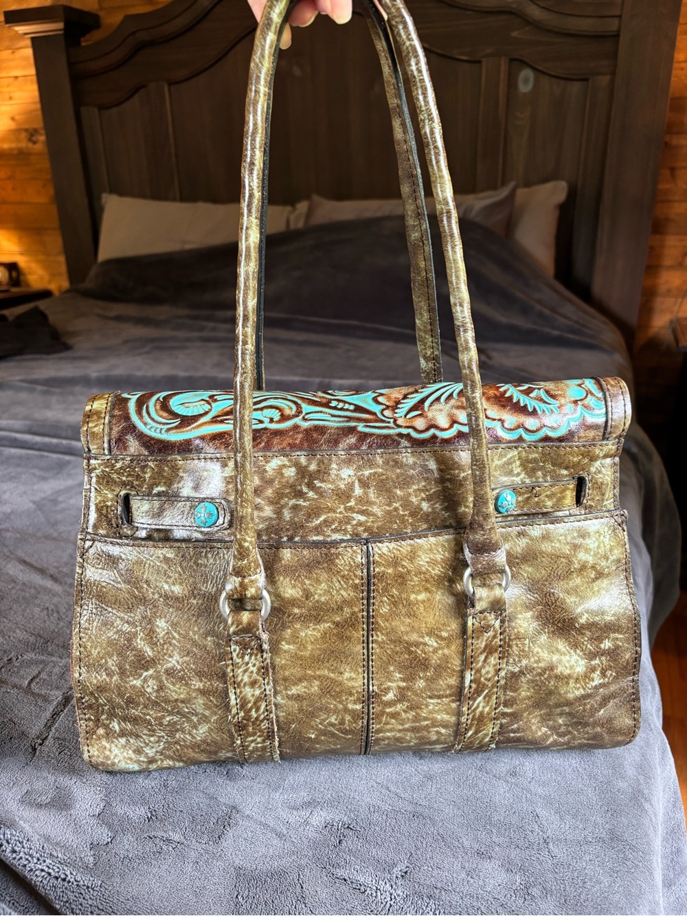 Patricia Nash Italian Leather Vienna Satchel, Tooled Turquoise, Like New Purse - Picture 6 of 16